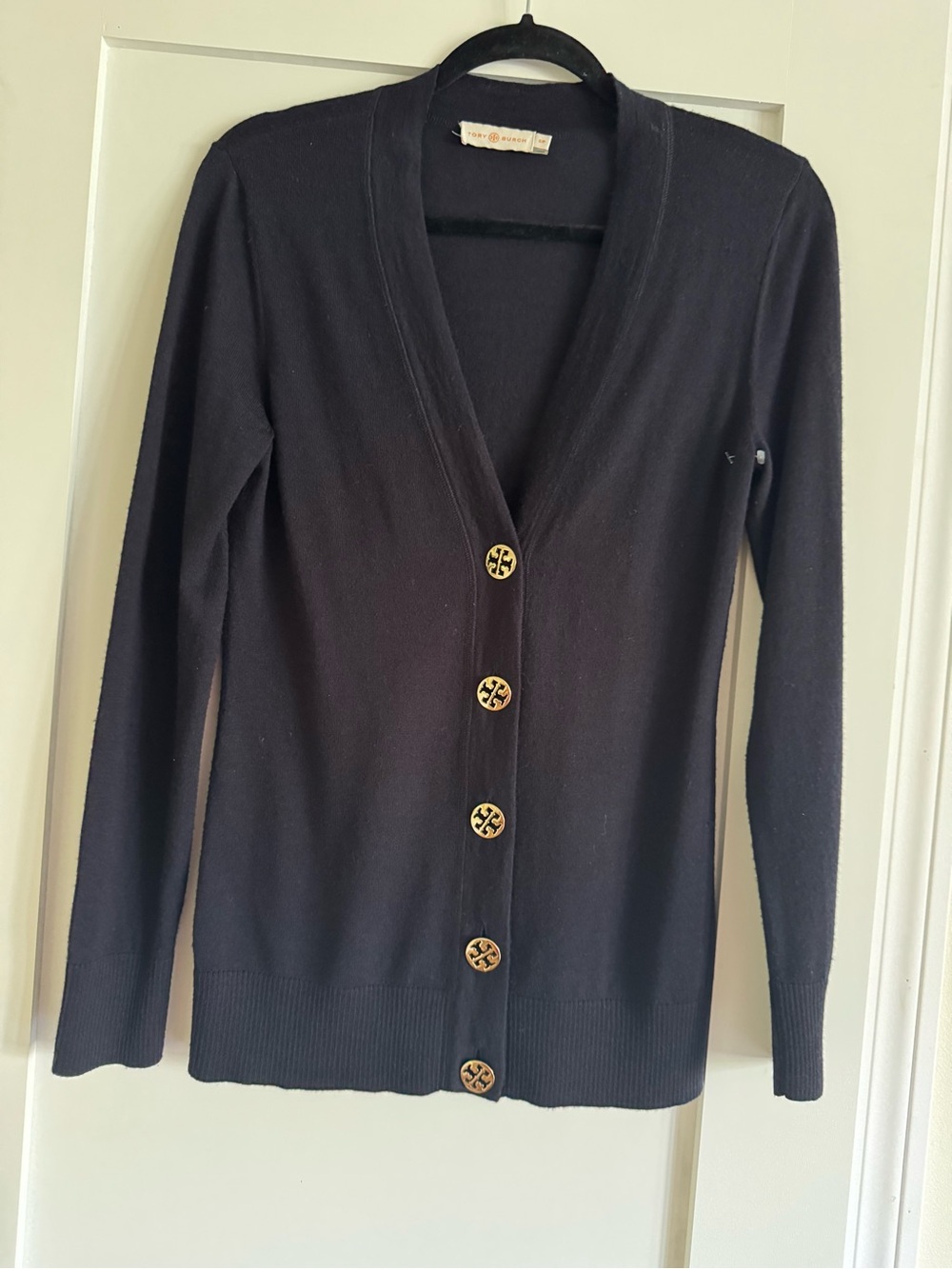 Tory Burch Navy V-Neck Cardigan with Gold Logo Buttons